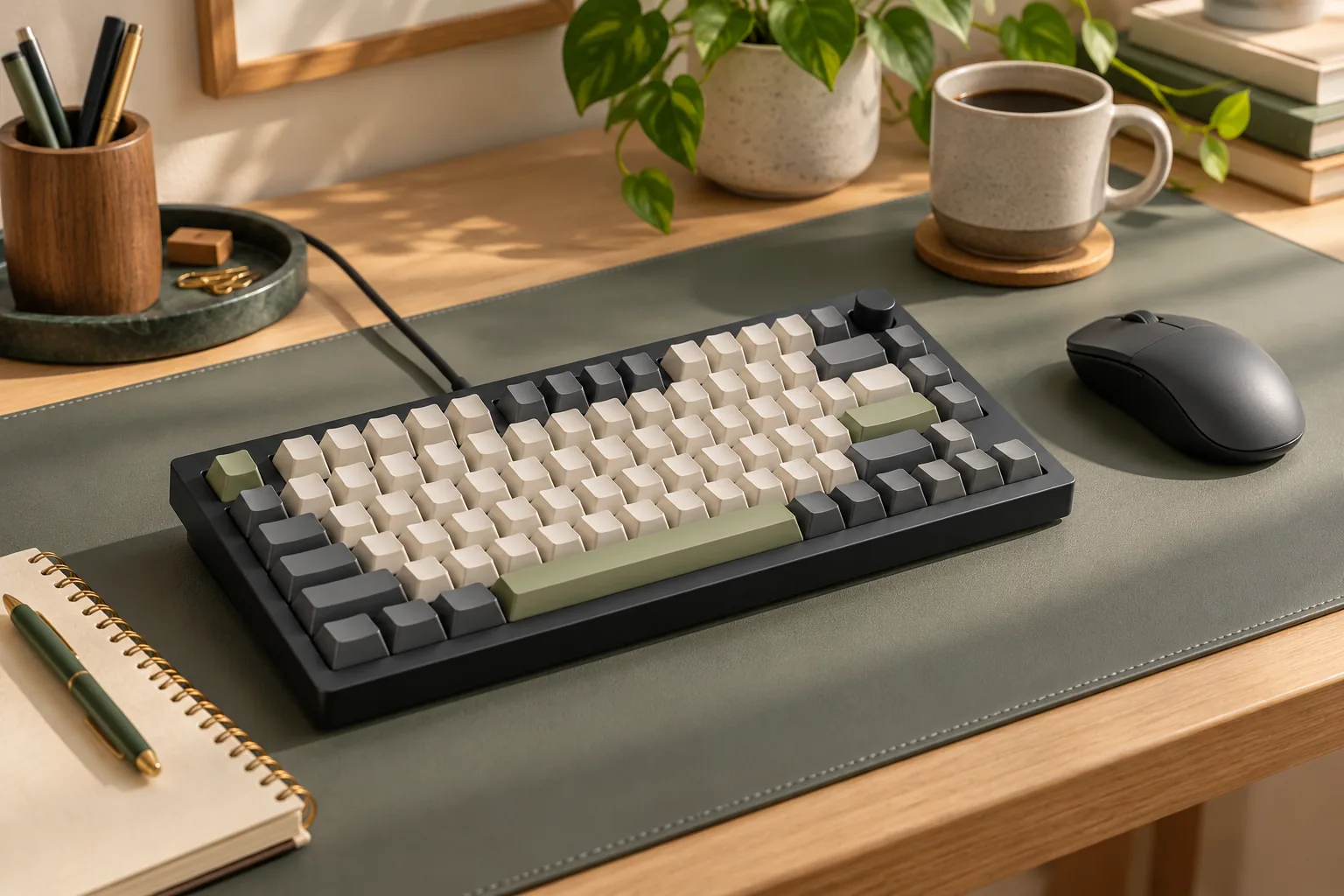Illustration of a compact mechanical keyboard and mouse on a desk mat.
