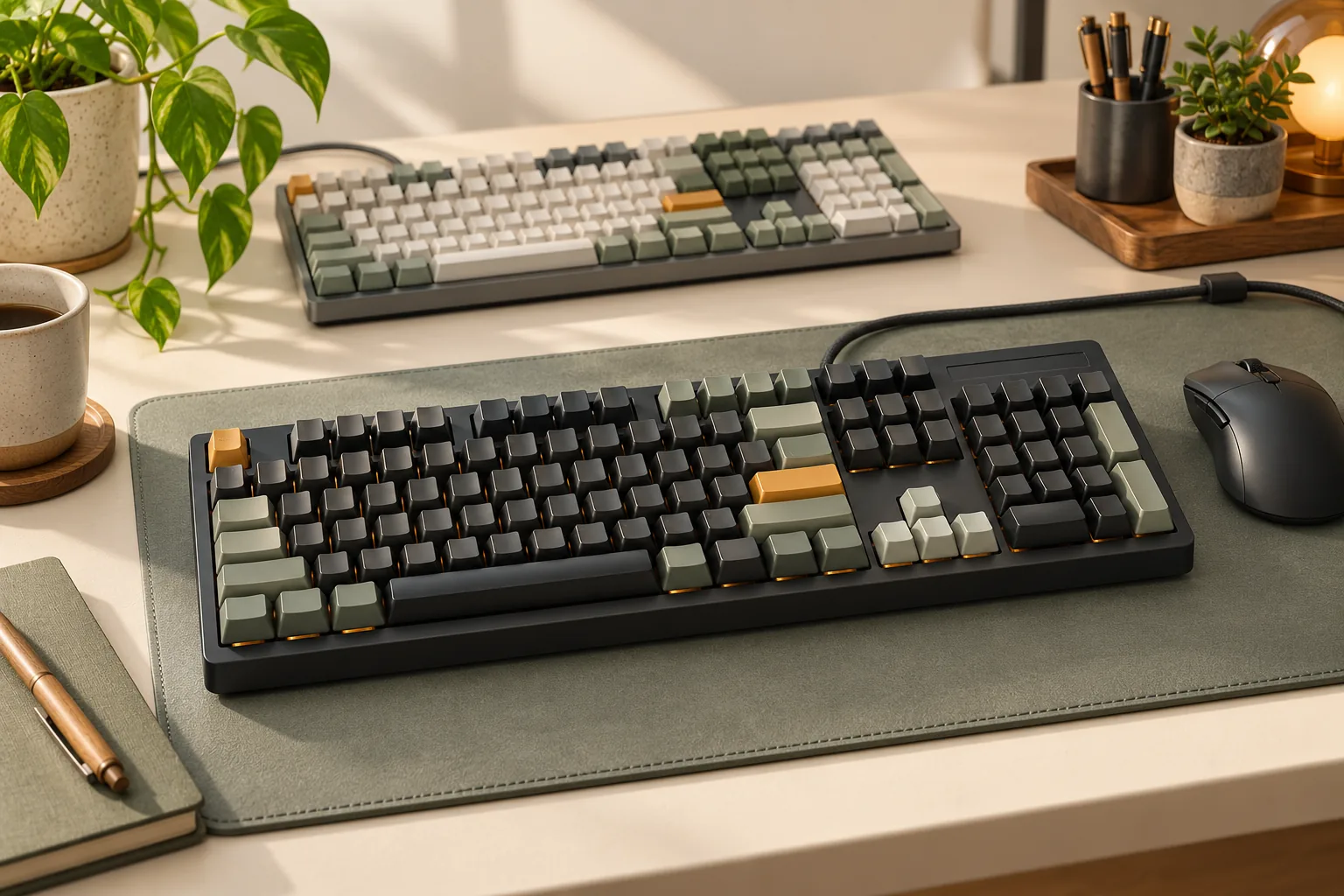 Illustration of two assembled keyboards and a mouse on a desk.
