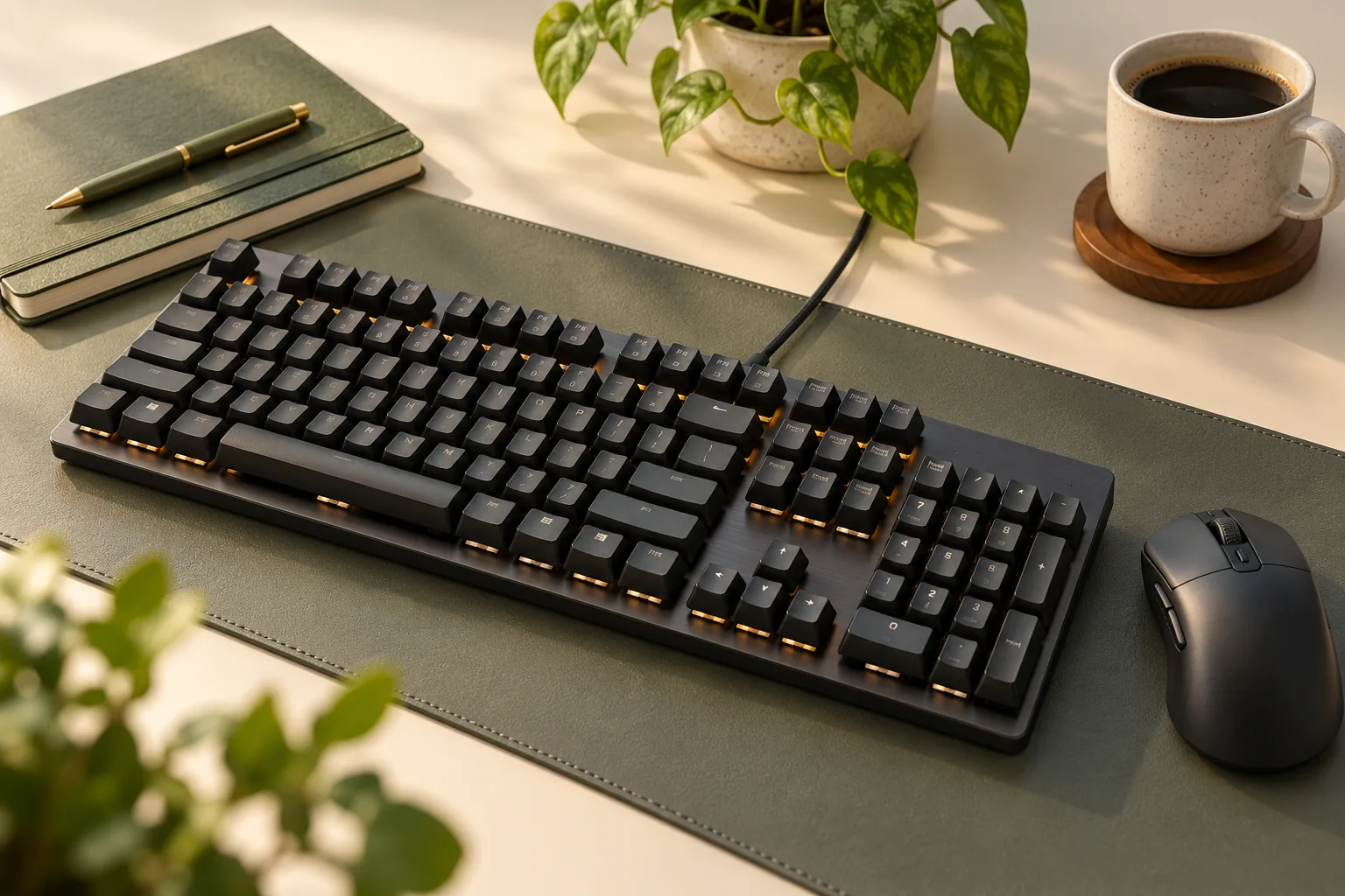 Illustration of a full-size mechanical keyboard and mouse on a desk mat.