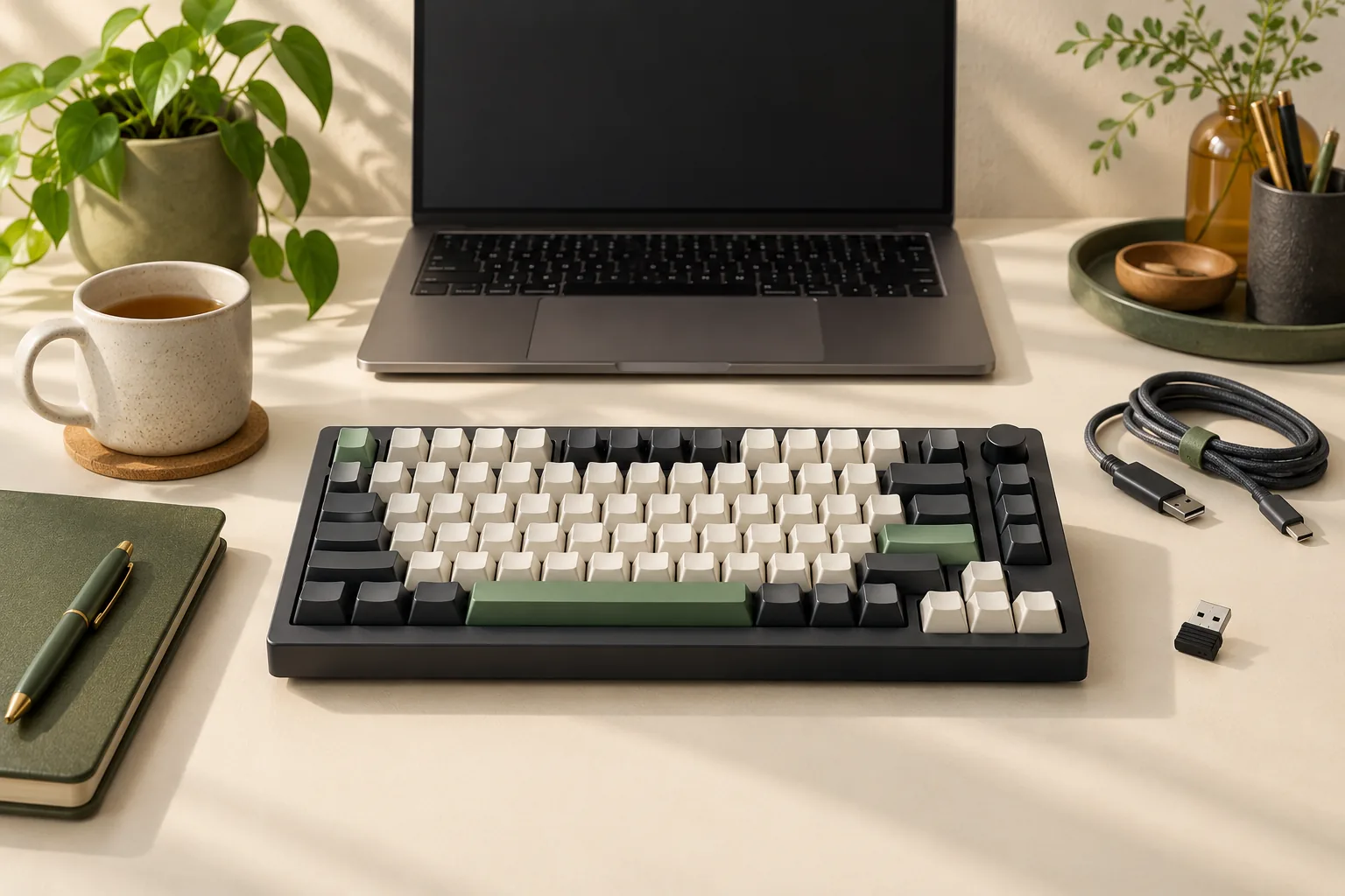 Illustration of a compact keyboard in front of a laptop with a receiver and cable nearby.