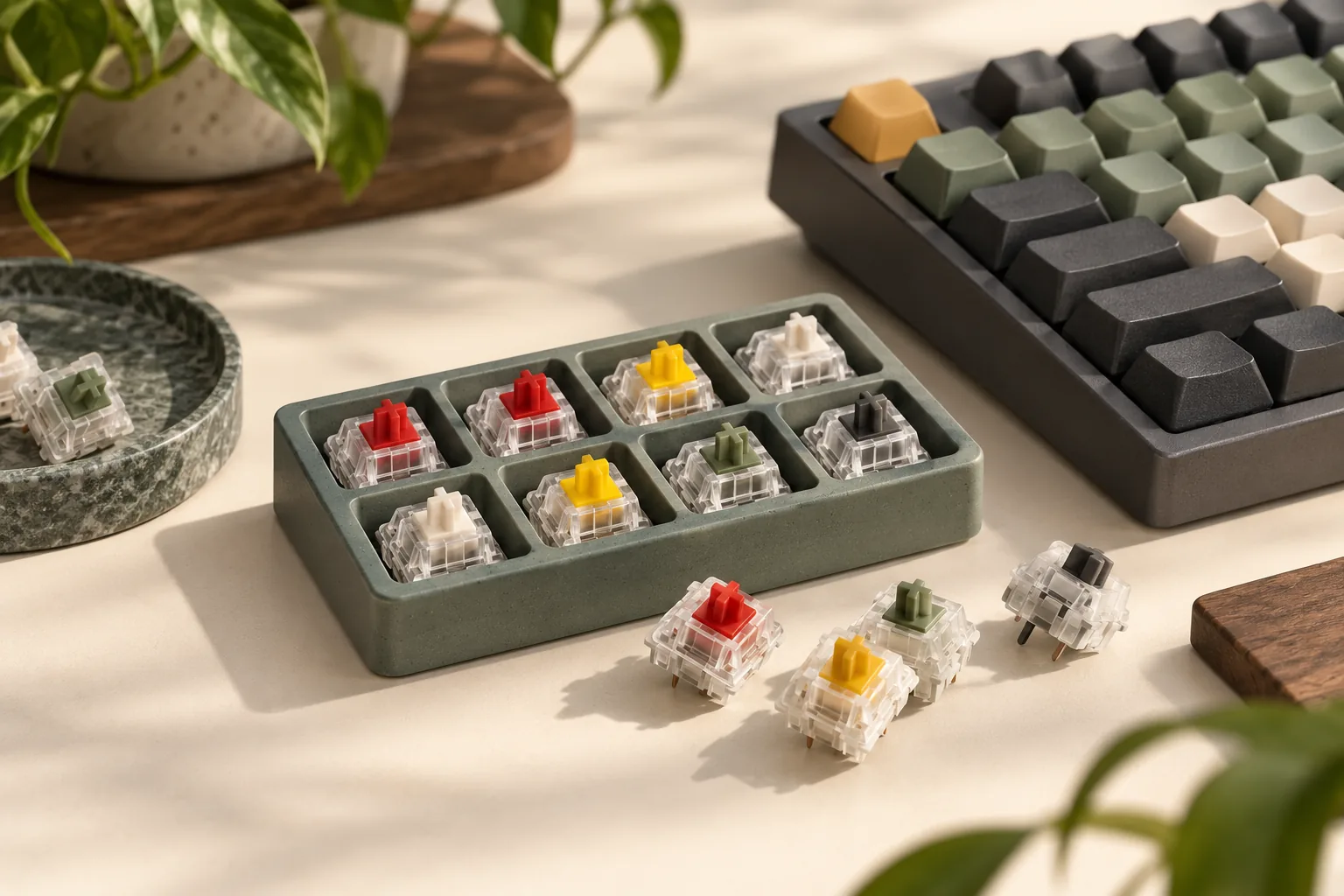 Illustration of mechanical switches in a tray with loose samples beside a keyboard.