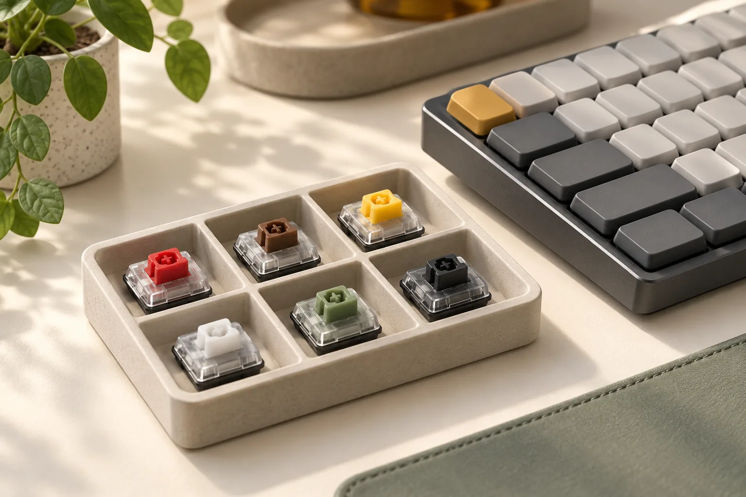 Illustration of low-profile keyboard switch samples in a divided tray beside a slim keyboard.
