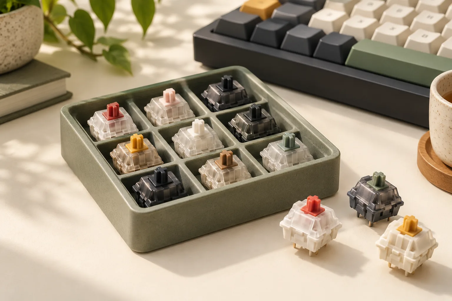 Illustration of switch samples in a tray with loose switches beside a keyboard.