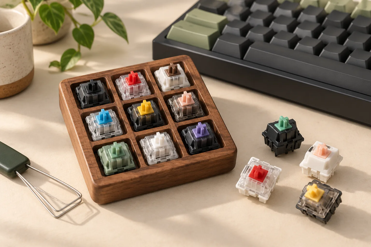 Illustration of a switch sampler and loose keyboard switches beside a keyboard.