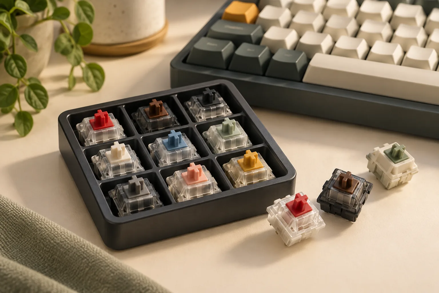 Illustration of keyboard switches in a sampler with loose switches beside a keyboard.