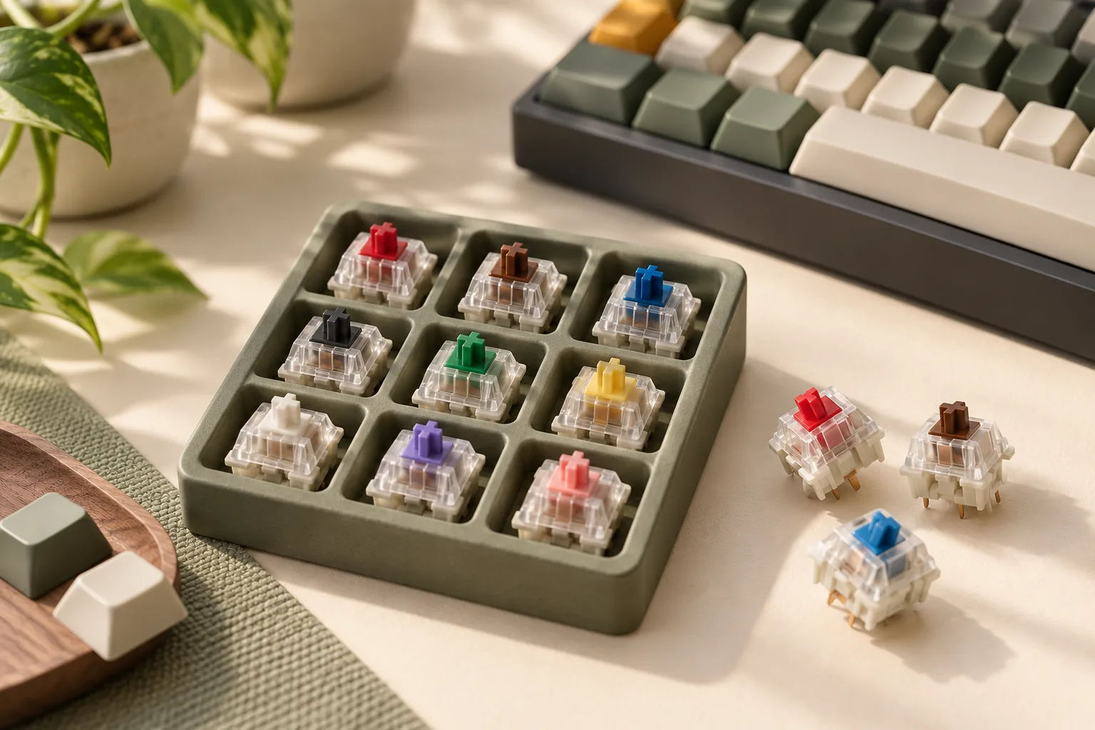 Illustration of a switch sampler with loose keyboard switches beside a keyboard.