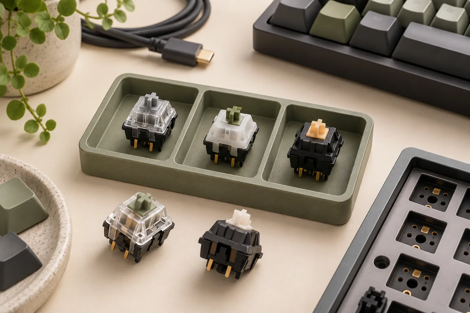 Illustration of mechanical switch samples in separate tray compartments, with loose switches beside a keyboard plate.