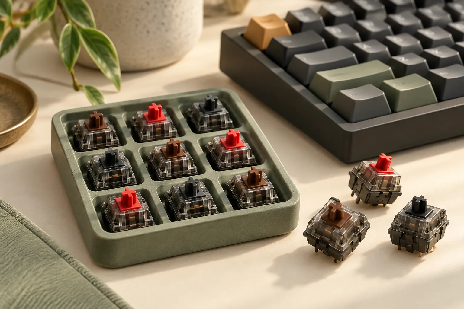 Illustration of red, brown and black stemmed switch samples beside a keyboard.