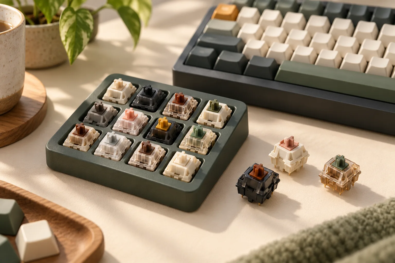 Illustration of a switch sampler with loose samples beside a keyboard.