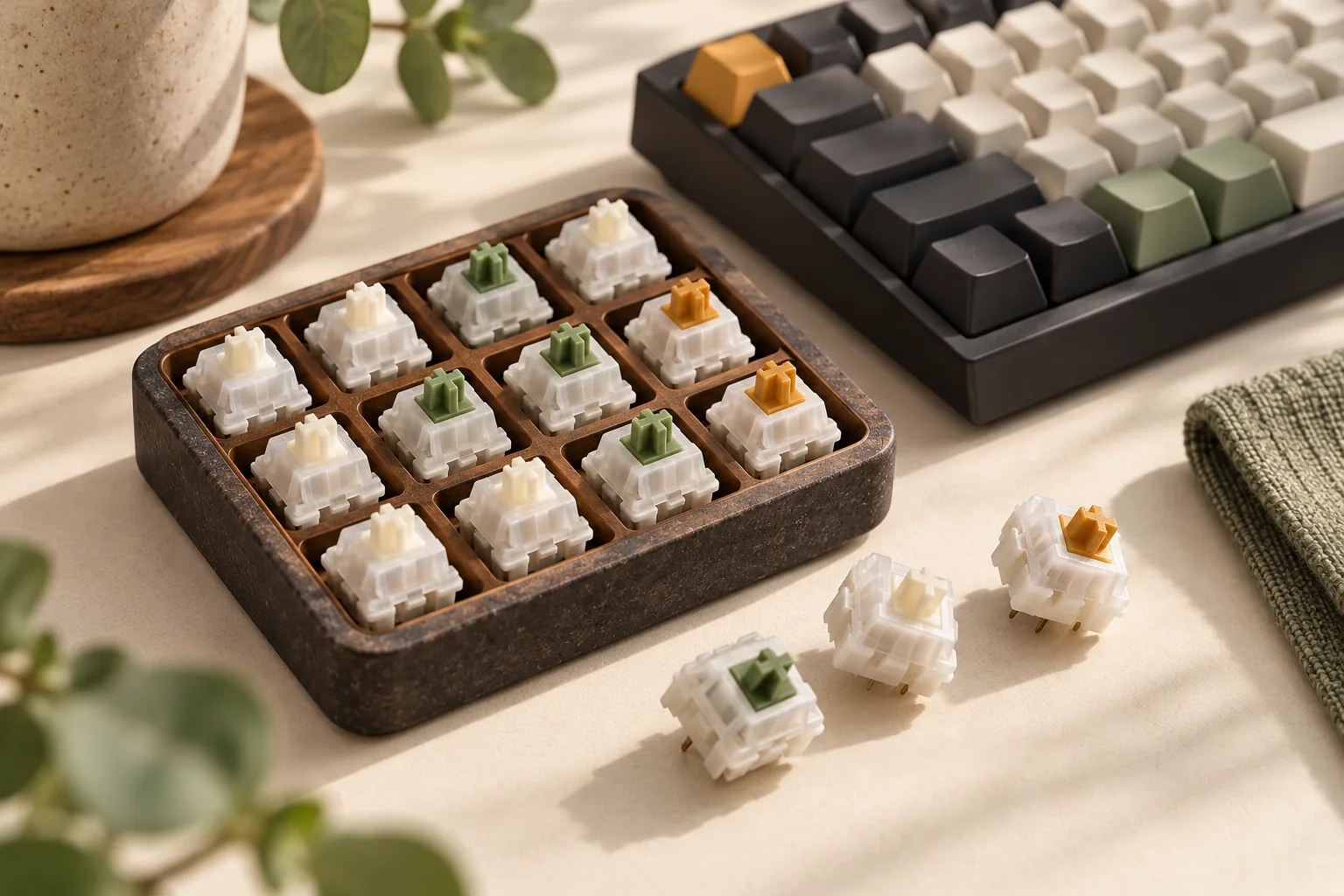 Illustration of mechanical switch samples in a tray, with loose switches beside a cropped keyboard.