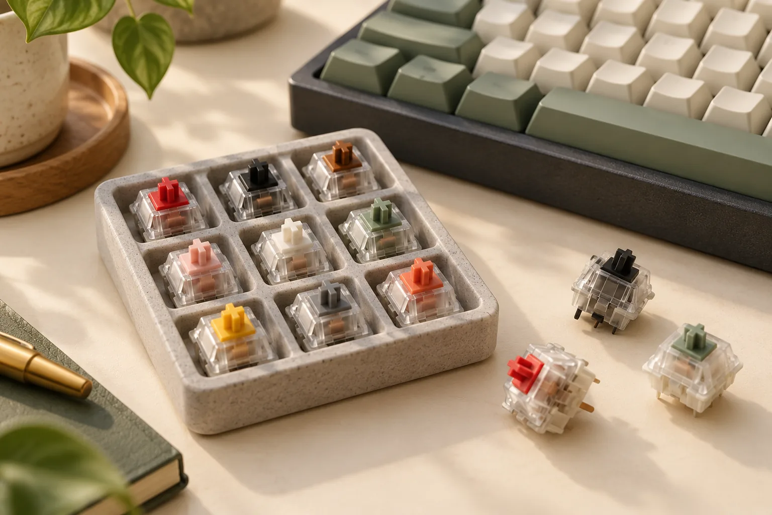 Illustration of keyboard switches in a divided tray with loose switches nearby.