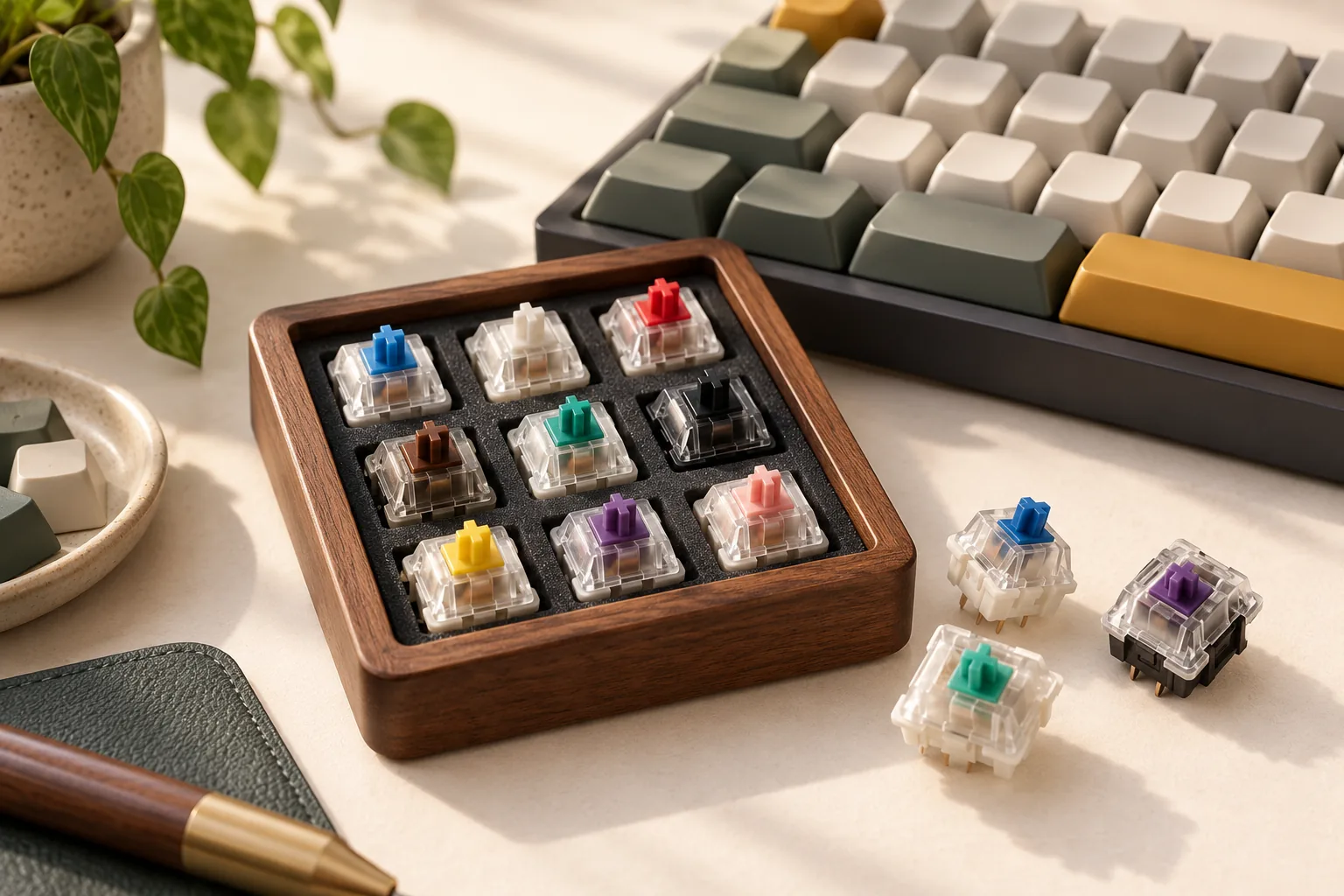 Illustration of a switch sampler and loose switches beside a keyboard.