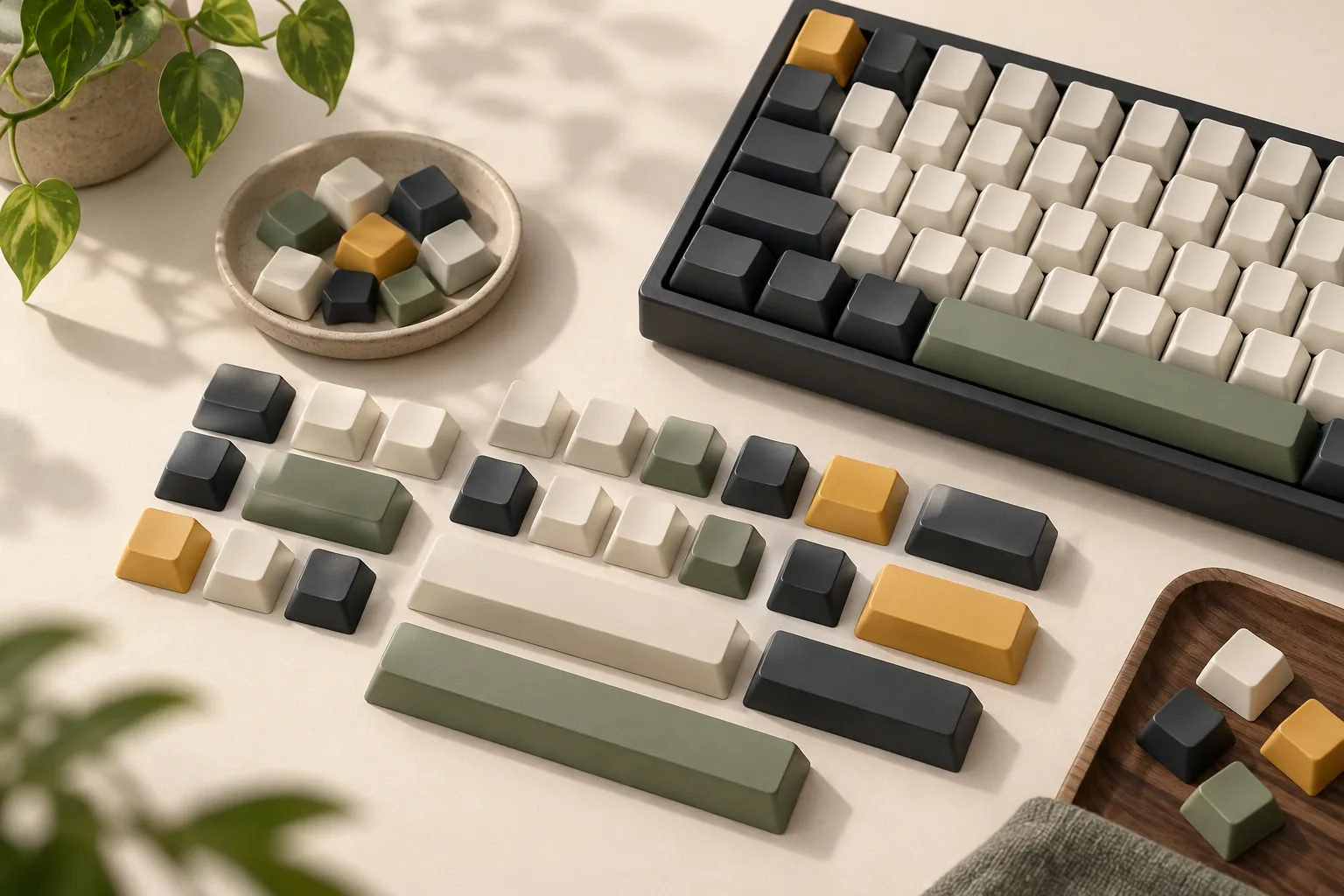 Illustration of coordinated ivory, sage and amber keycaps beside a keyboard.