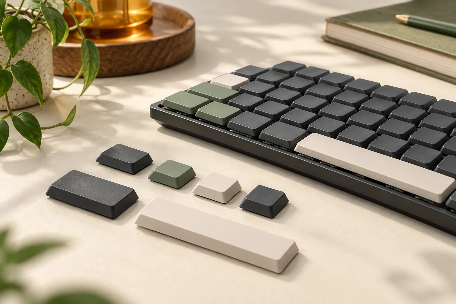 Illustration of short keycaps and a spacebar beside a slim mechanical keyboard.