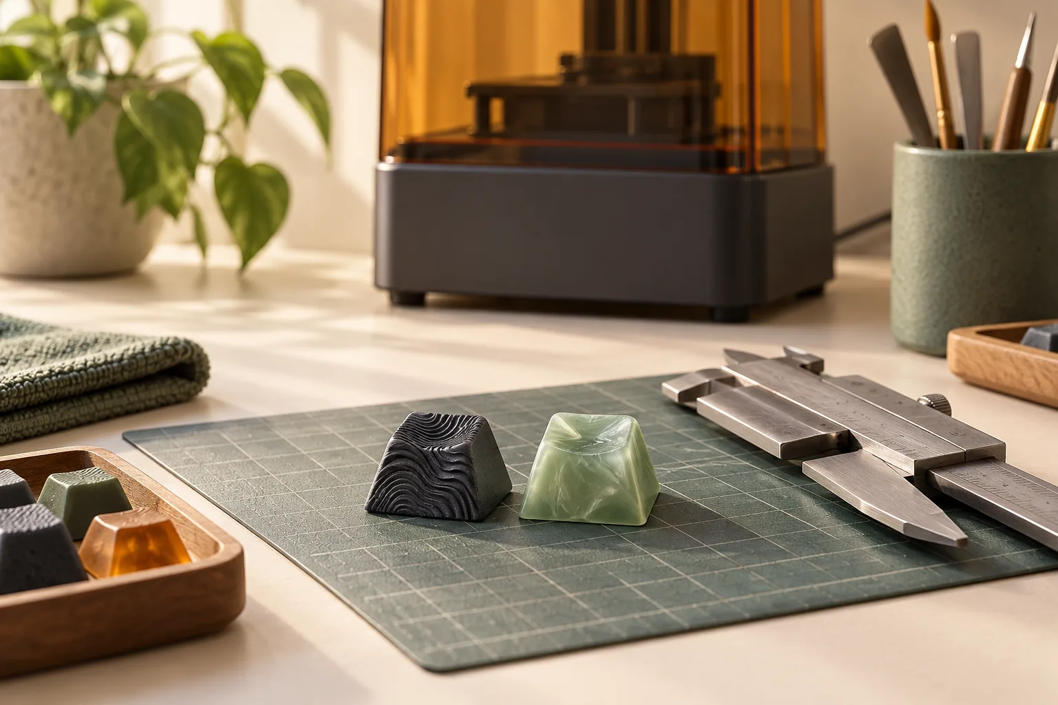 Illustration of two finished keycap prototypes with calipers and a desktop printer nearby.