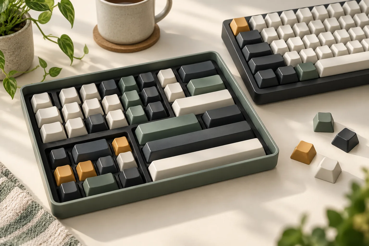 Illustration of keycaps in several widths arranged in a tray beside a keyboard.