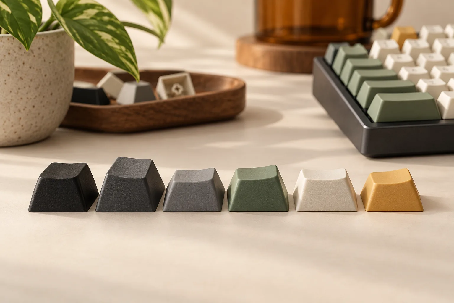 Illustration of keycaps with different heights and top shapes in front of a keyboard.