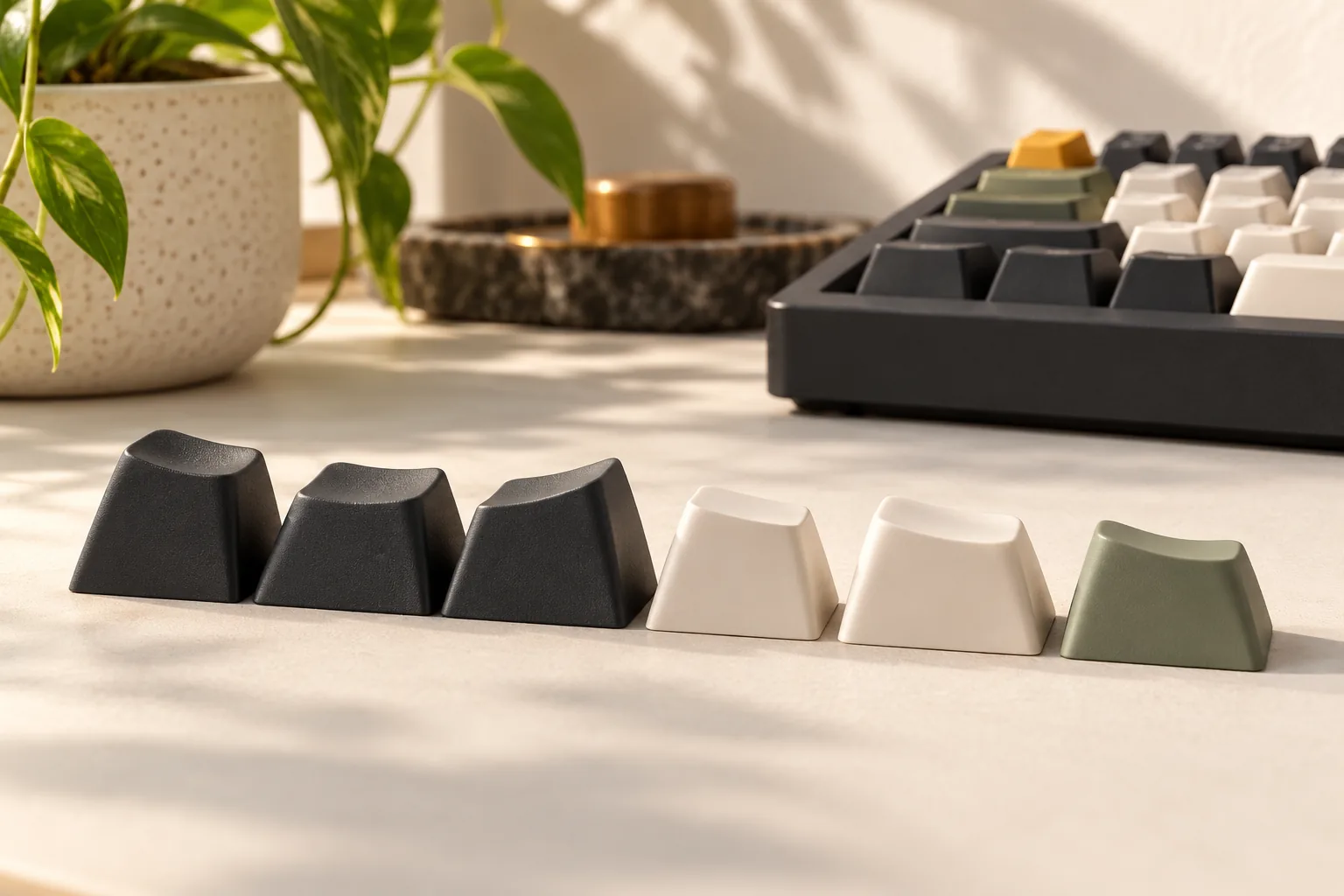 Illustration of sculpted keycap shape samples beside a keyboard.