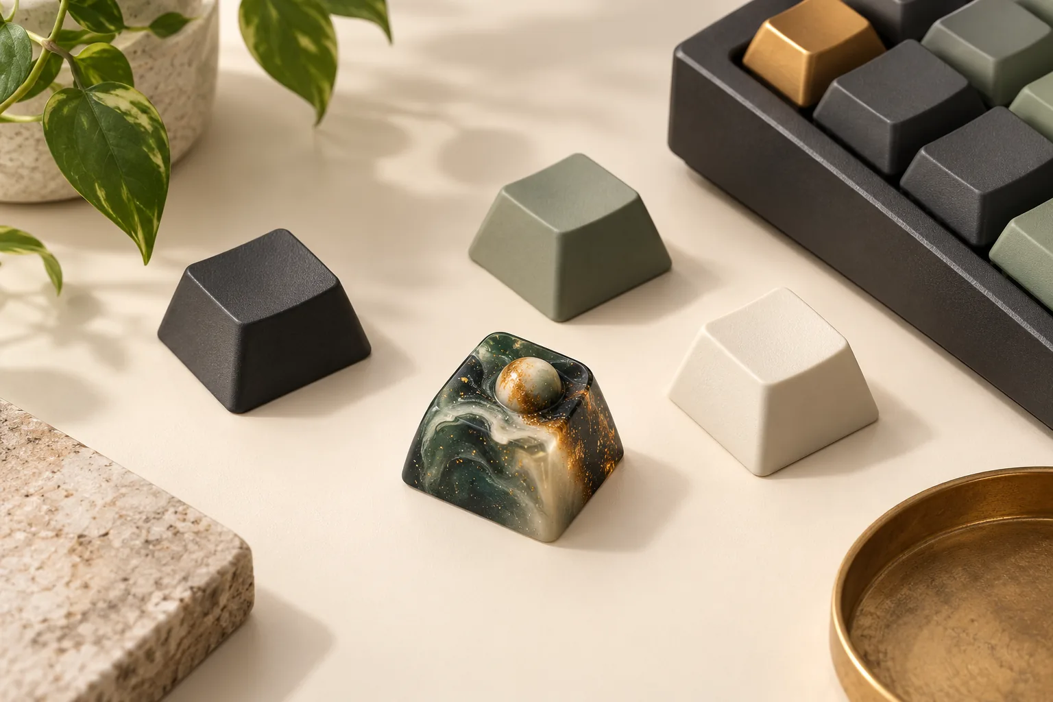 Illustration of a sculpted decorative keycap with a small round accent beside ordinary keycaps.