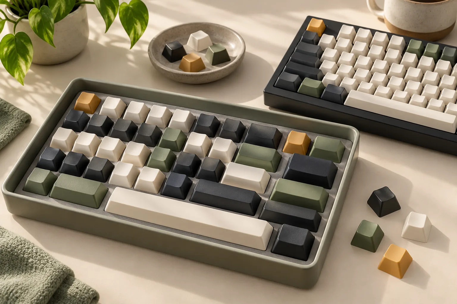 Illustration of a tray of keycaps and loose samples beside a keyboard.