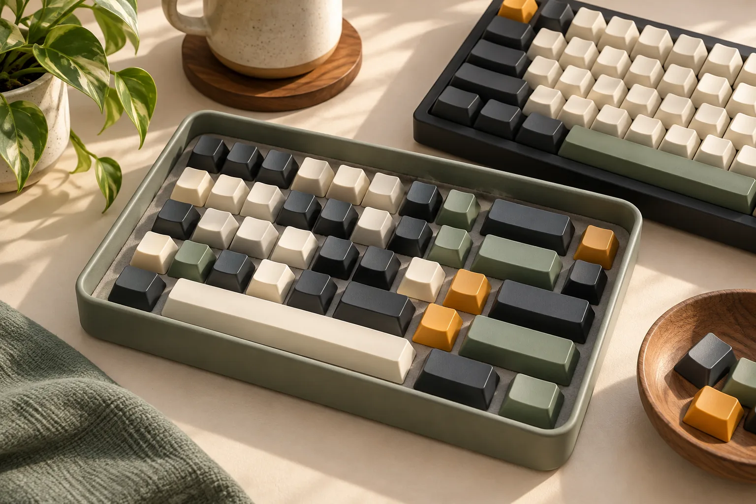 Illustration of a tray of keyboard keycaps in several widths beside a keyboard.