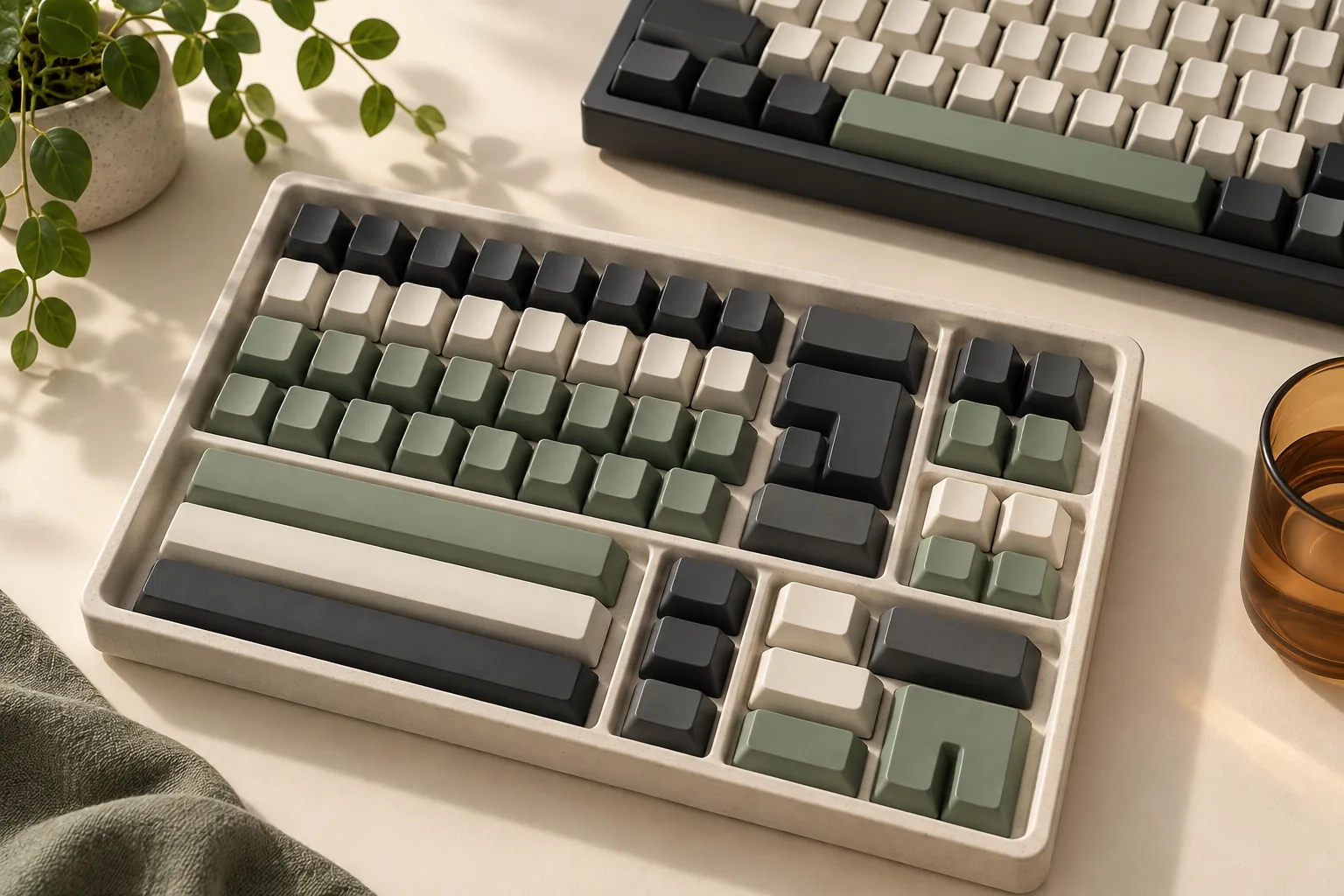 Illustration of keycaps in several widths arranged in a tray beside a keyboard.