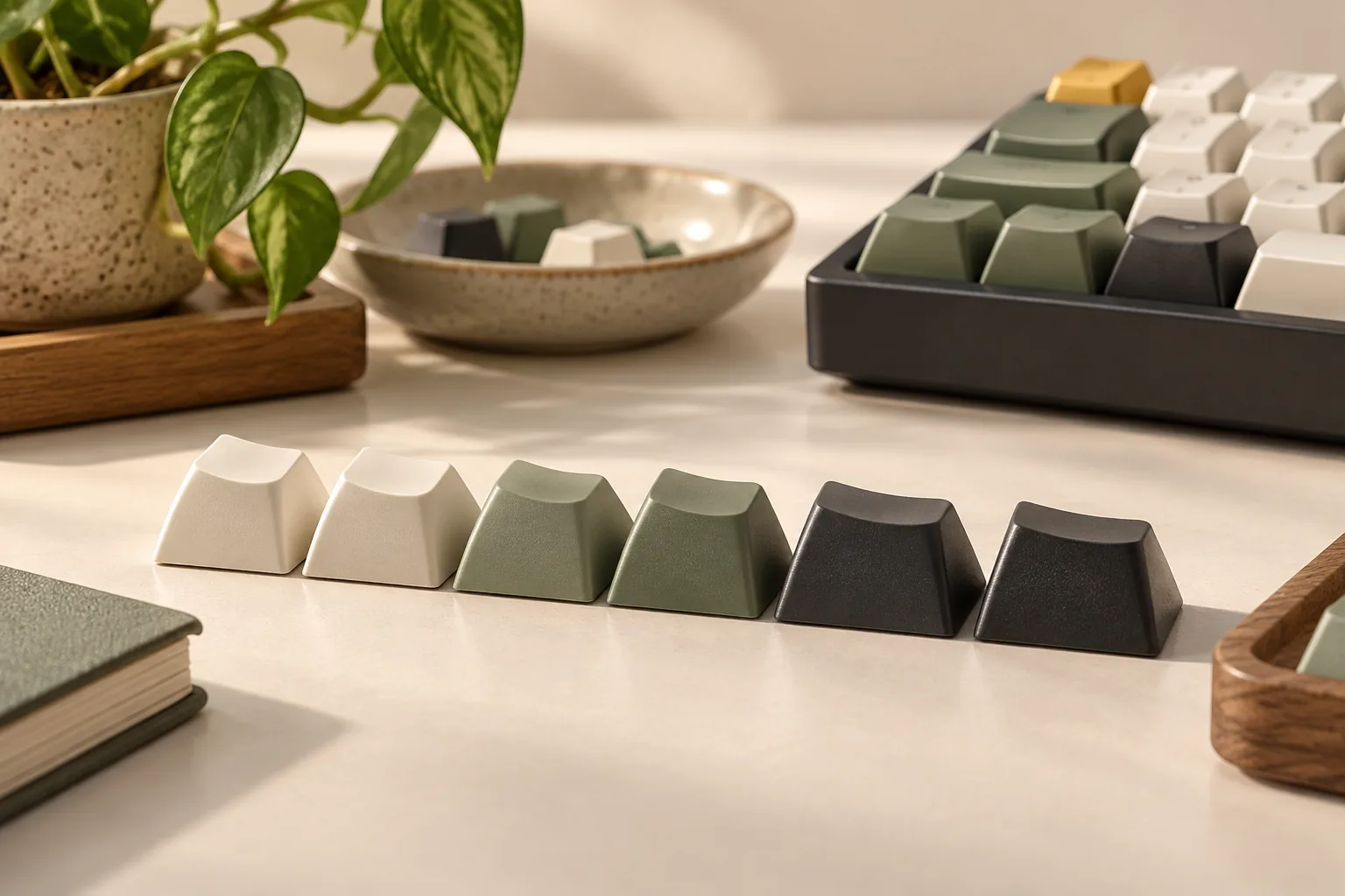 Illustration of tall sculpted keycap samples beside a keyboard.