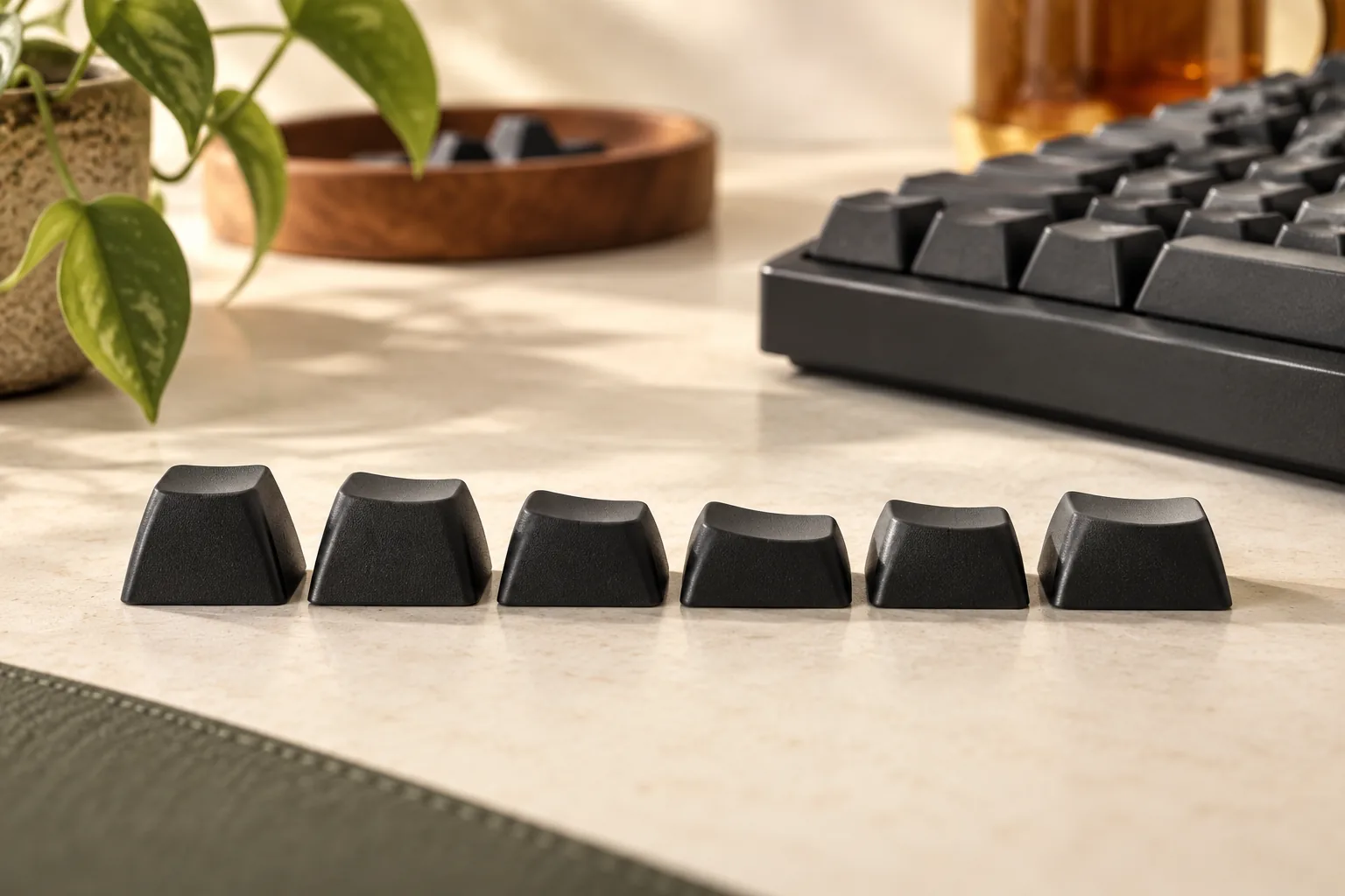Illustration of a row of dark keycap shape samples beside a keyboard.