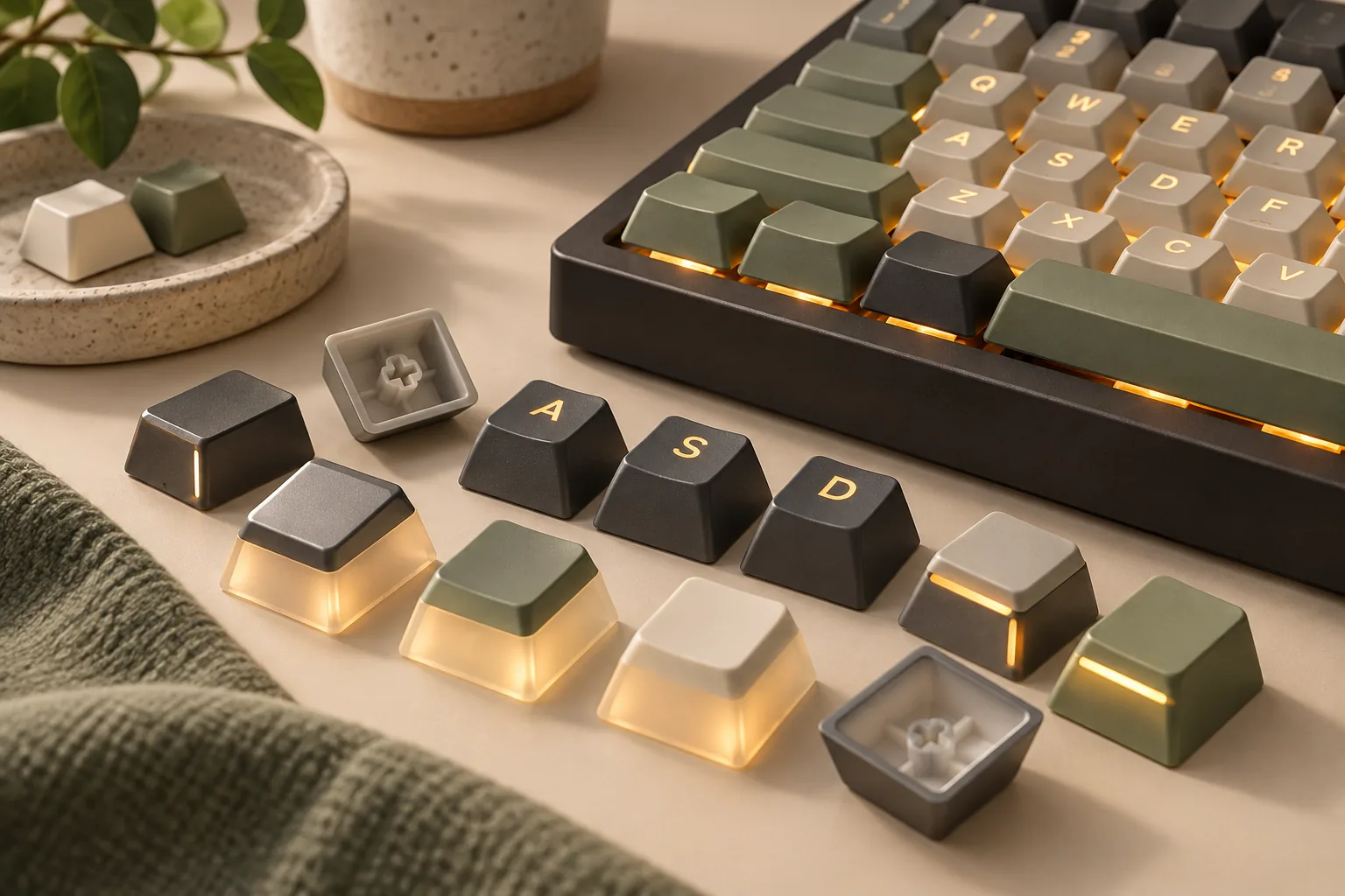 Illustration of opaque and translucent-sided keycaps beside a softly lit keyboard.