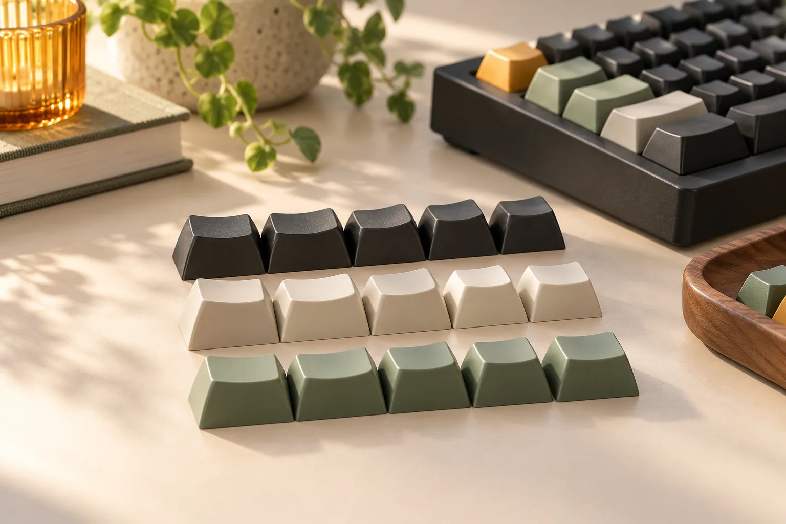 Illustration of rows of keycap samples with different shapes beside a keyboard.