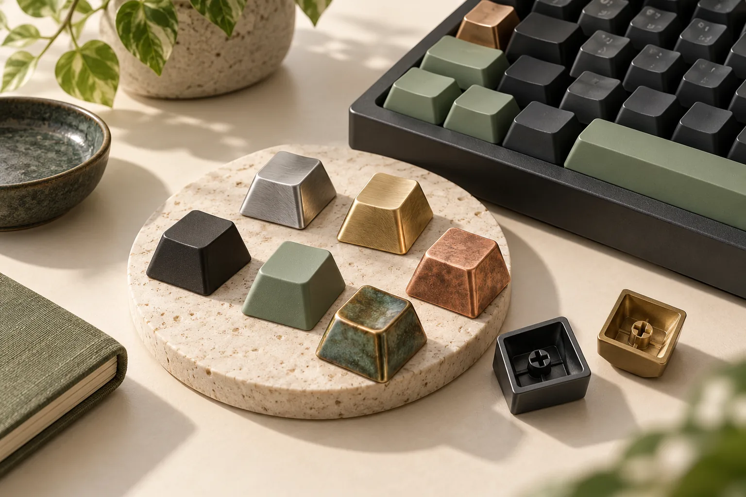 Illustration of keycaps with matte and metallic finishes, including two underside views, beside a keyboard.
