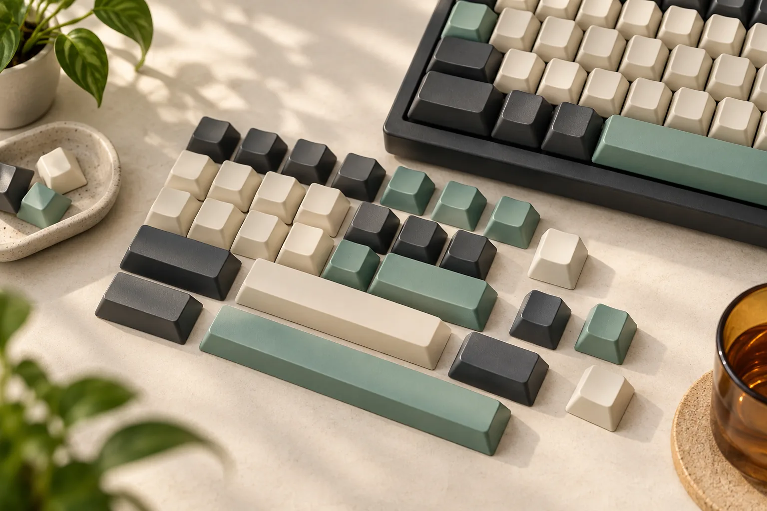 Illustration of coordinated ivory and sage keycaps arranged beside a keyboard.