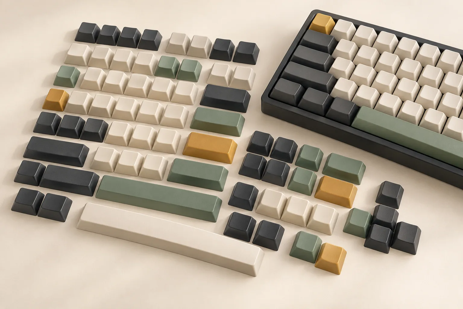 Illustration of loose keyboard keycaps arranged by size beside a compact keyboard.