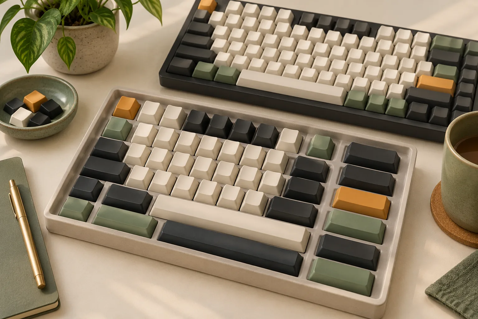 Illustration of a tray of keycaps in several widths beside a mechanical keyboard.