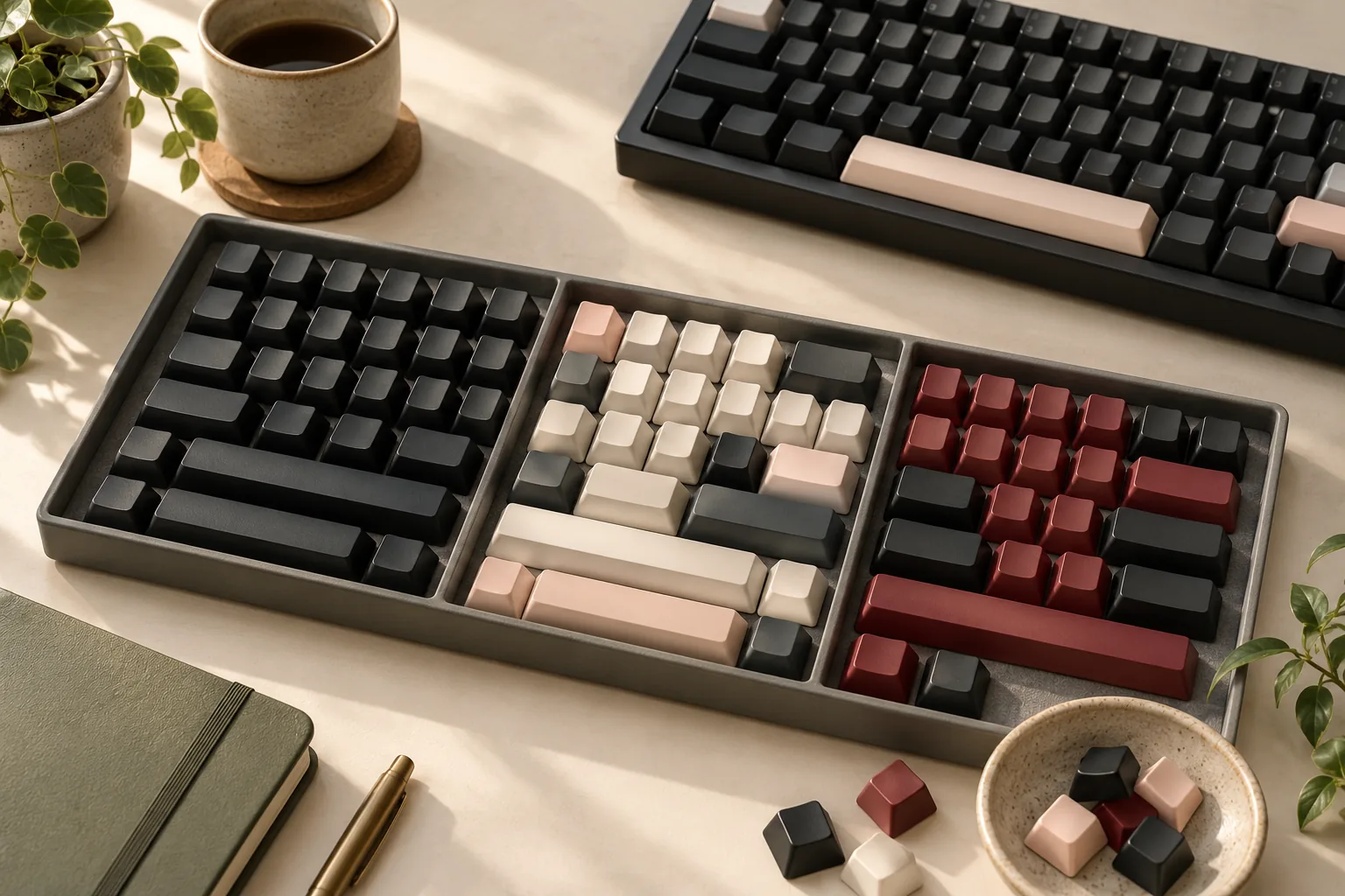 Illustration of black, pink and dark red keycaps sorted into trays beside a keyboard.