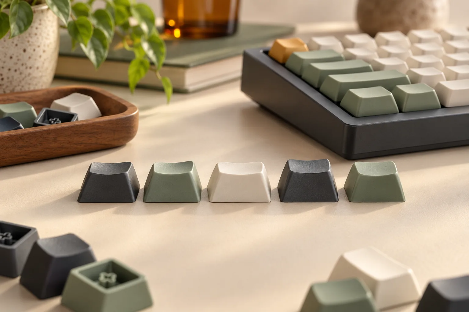 Illustration of keycap shape samples beside a cropped mechanical keyboard.