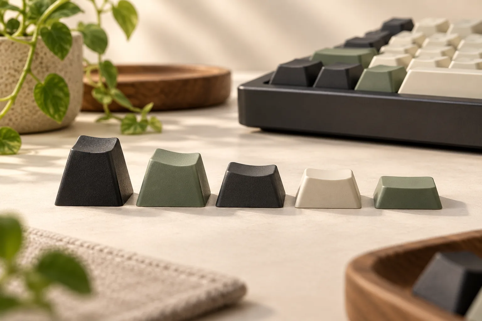 Illustration of five keycaps with different heights and sculpted tops in front of a keyboard.