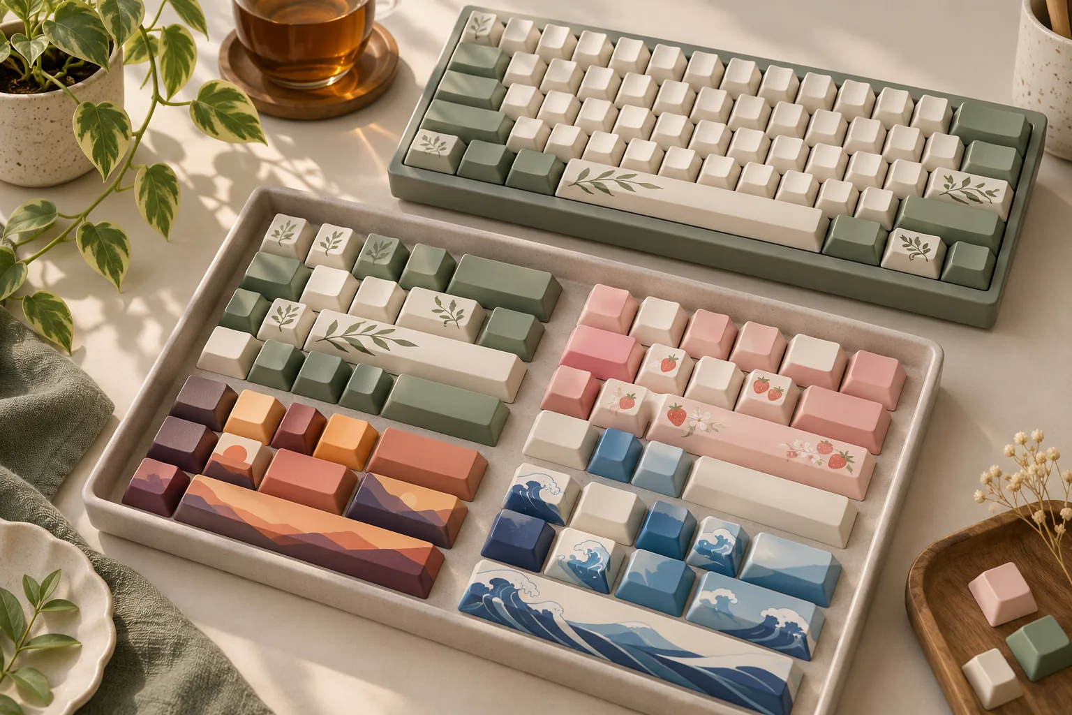 Illustration of keycap sets with botanical, pink, sunset and wave-inspired patterns beside a keyboard.