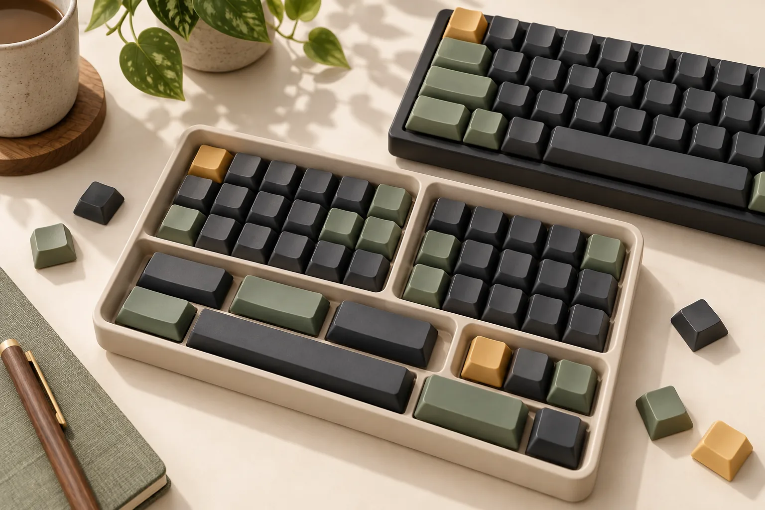 Illustration of keycaps in a divided tray beside a keyboard.