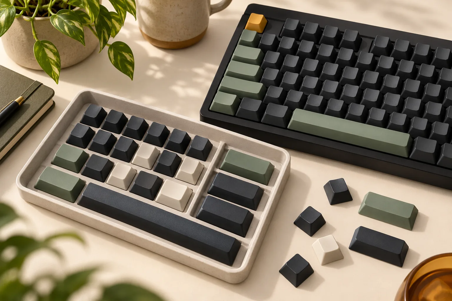 Illustration of keycaps in a divided tray with loose samples beside a keyboard.