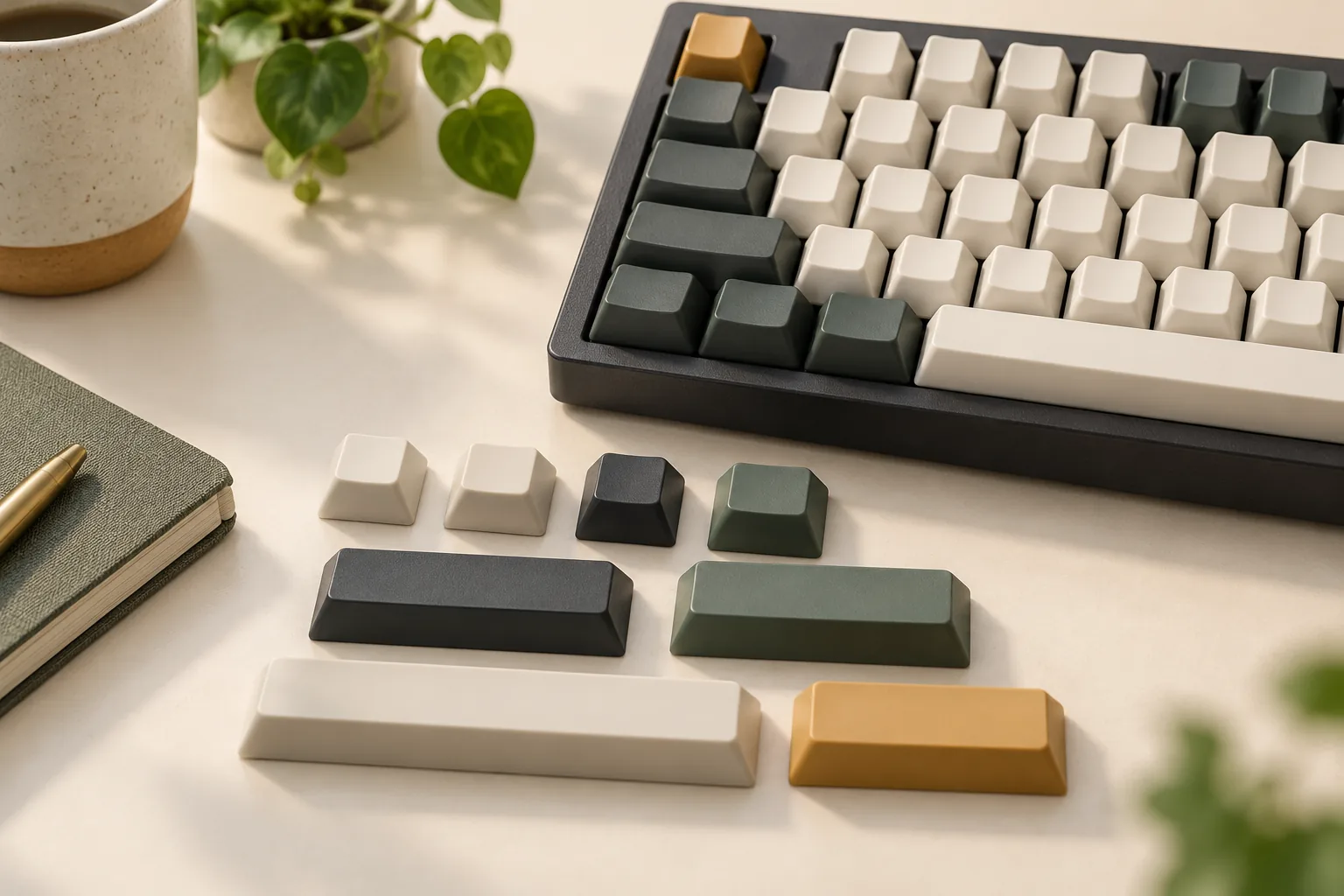 Illustration of loose keycaps in several widths beside a keyboard.