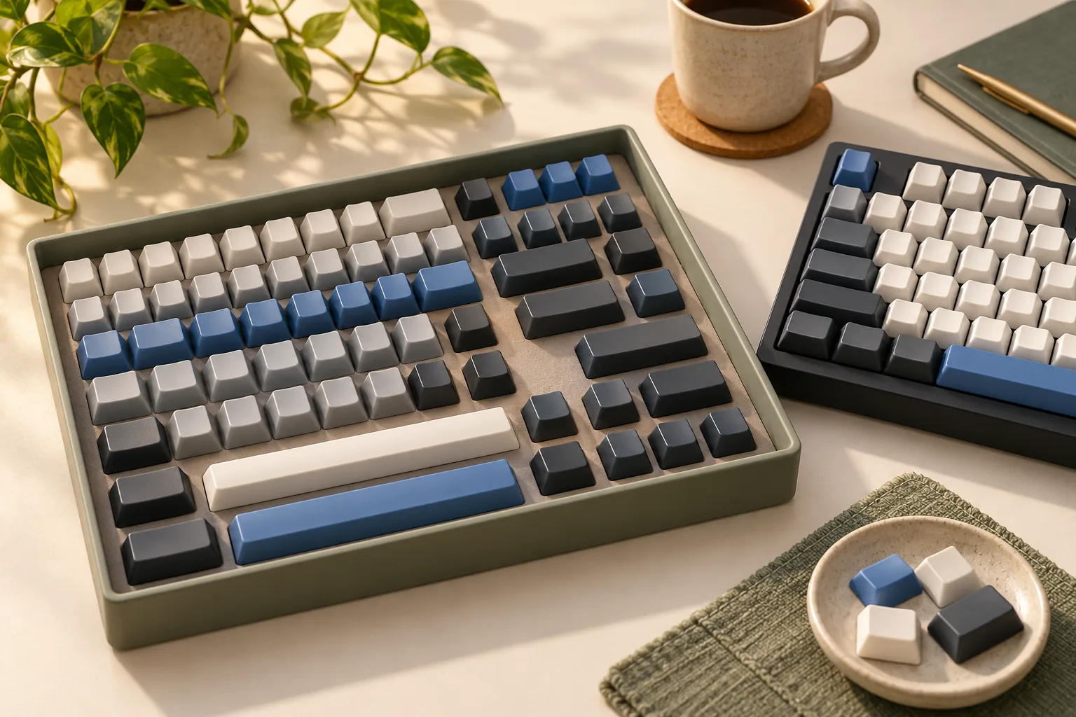 Illustration of ivory, dark and blue keycaps sorted into a tray beside a keyboard.