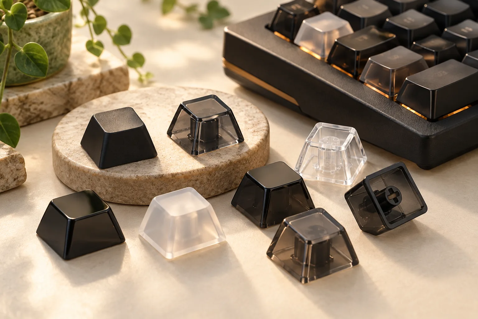 Illustration of dark, clear and translucent keycaps beside a softly lit keyboard.