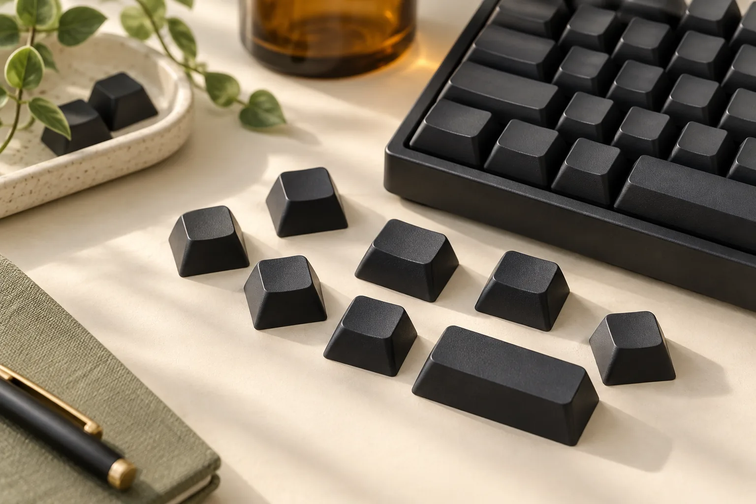 Illustration of black blank keycaps beside a keyboard with unlettered keys.