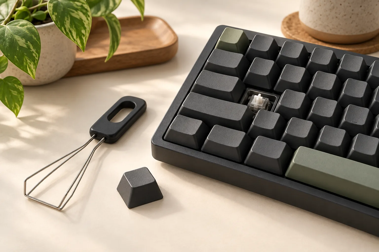 Illustration of a detached keycap and wire puller beside a keyboard with one keycap removed.