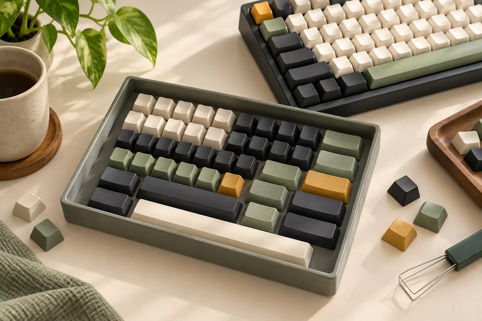 Illustration of a tray of keycaps, loose samples and a cropped mechanical keyboard.