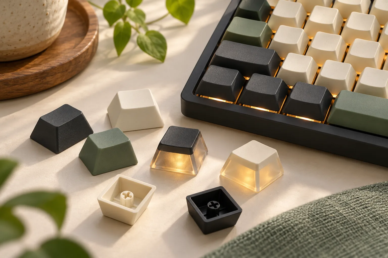 Illustration of opaque and translucent-sided keycaps beside a softly lit keyboard.