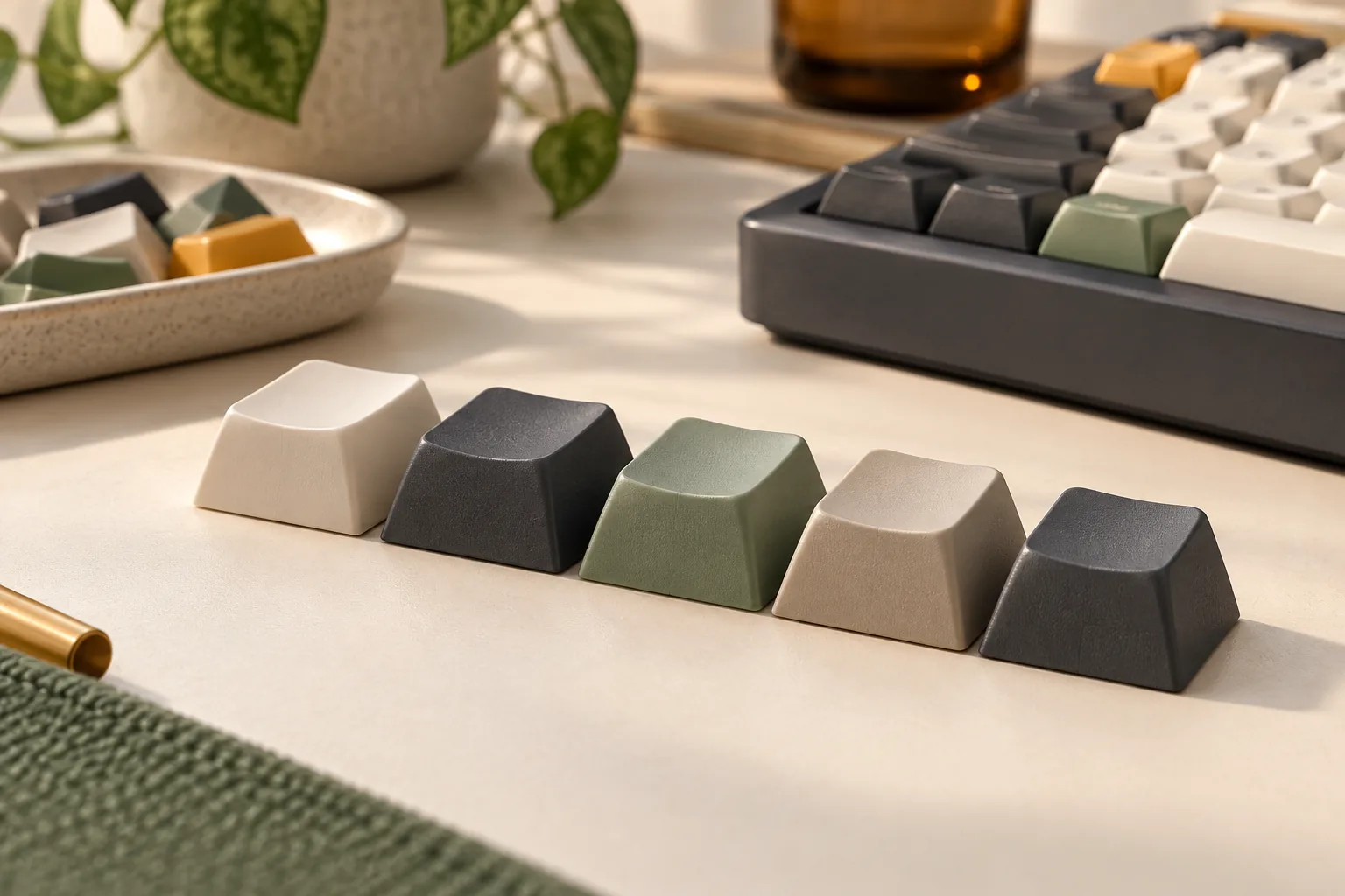 Illustration of keycap shape samples in muted colors beside a keyboard.