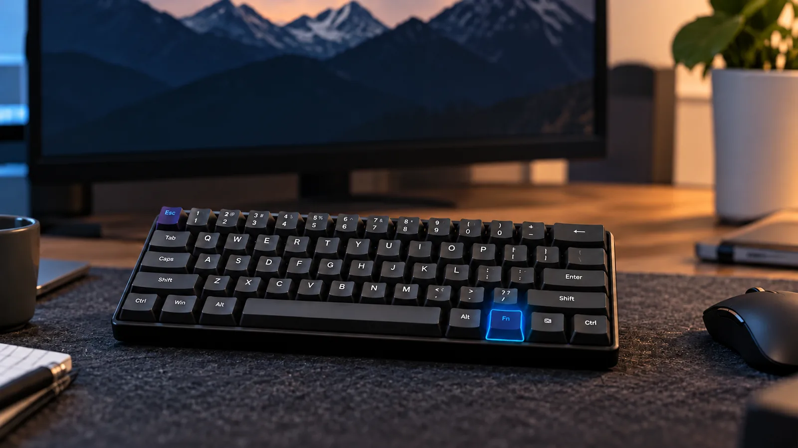 A compact black mechanical keyboard with a blue Fn key sits on a desk beside a mouse.