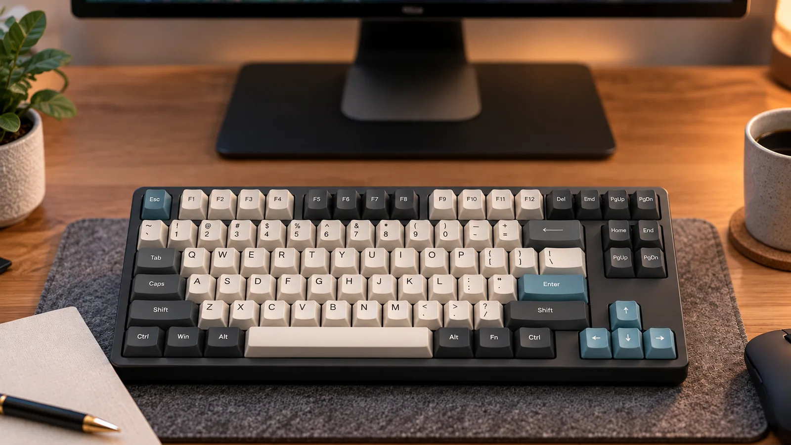 A compact 75% mechanical keyboard with a full function row, dedicated arrow keys, and a navigation cluster sits on a desk.